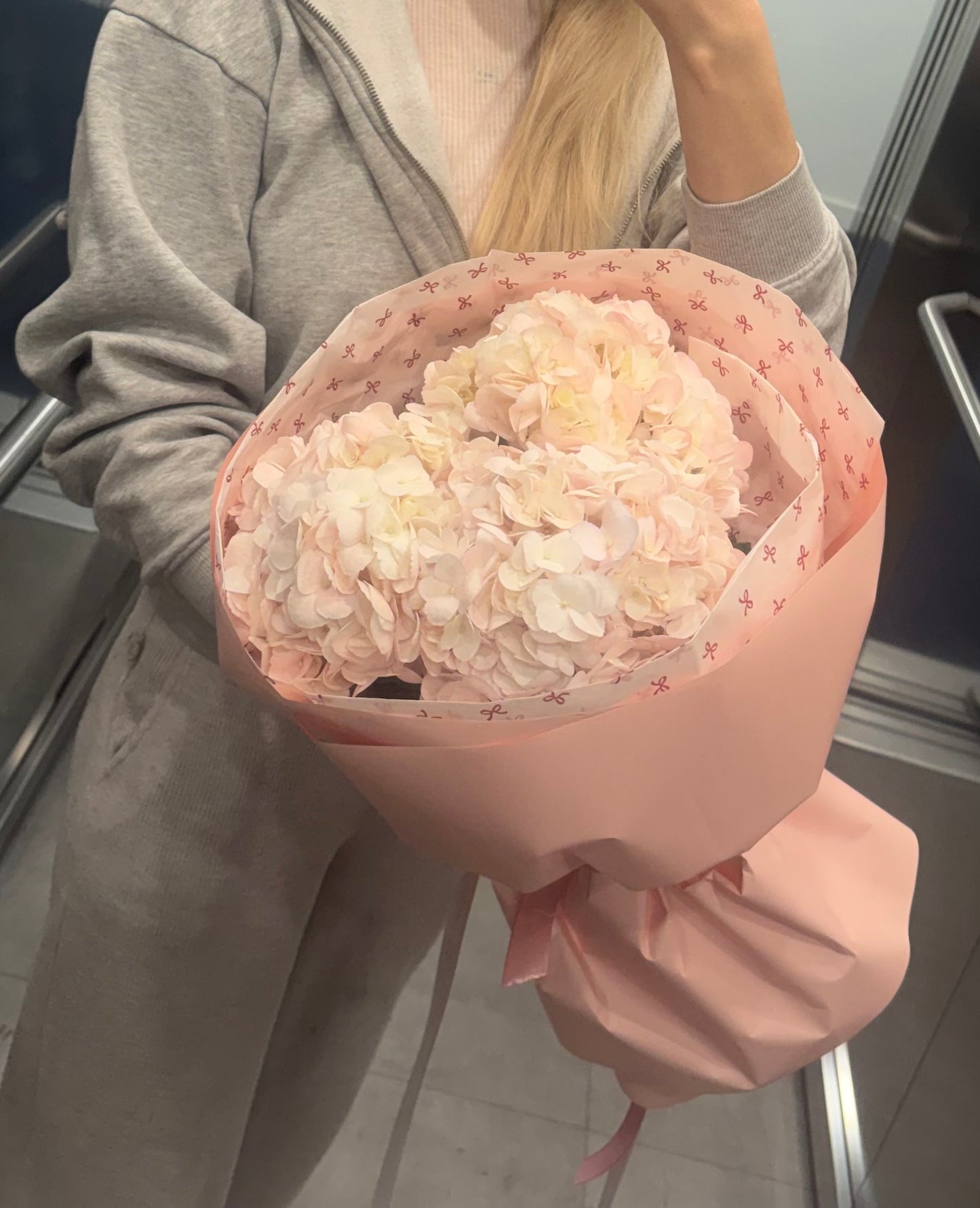 Cute bouquet of hydrangeas in pink package | Women’s Day Flower Bouquet