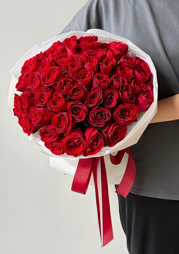 Bouquet of 50 red roses in white packaging | Mother's Day Flower Bouquet