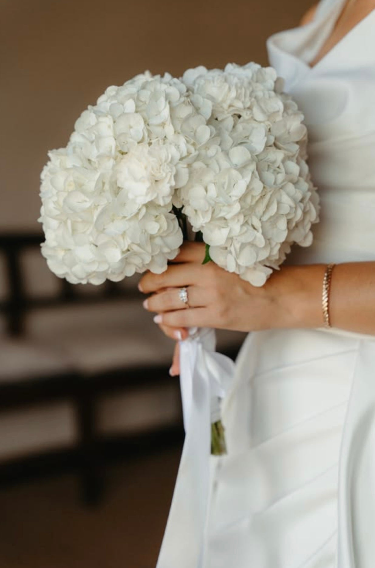 White hydrangea bridal bouquet for modern wedding flowers