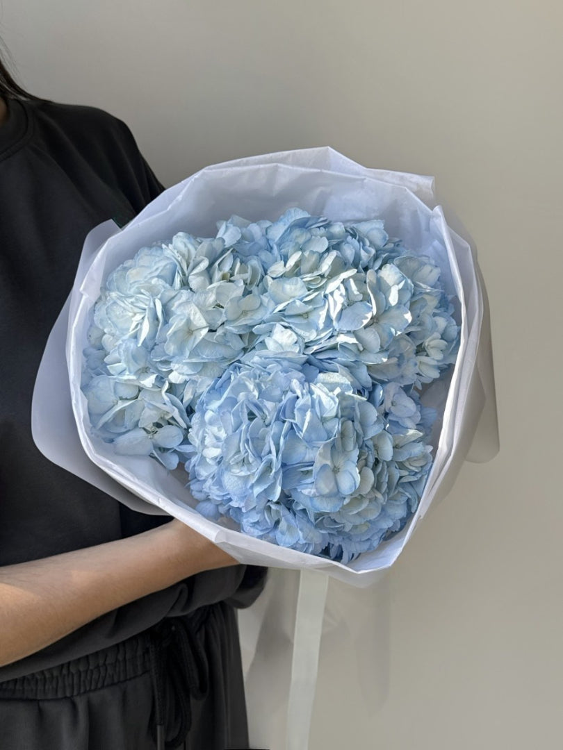 A bouquet of three blue hydrangeas