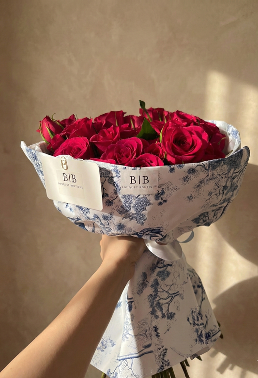 Dior-style bouquet of 50 raspberry-red roses (raspberry hue)