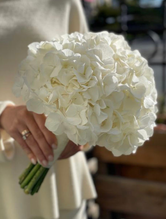 Hydrangea bridal bouquet with fresh white wedding flowers in Manchester & Salford