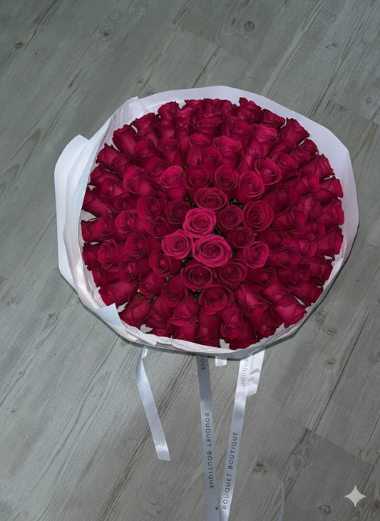 100 raspberry-red roses (raspberry hue)