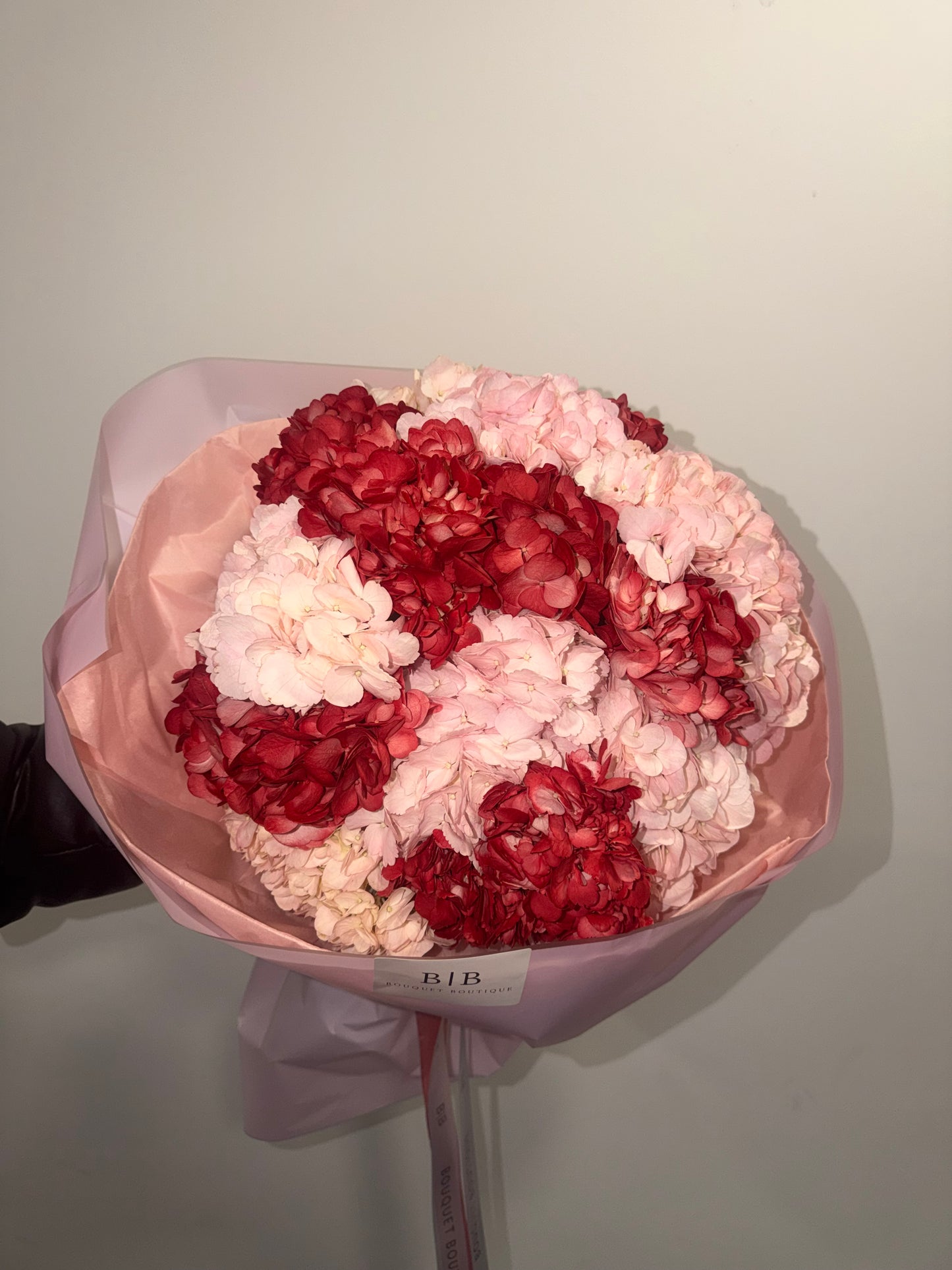 Bouquet of red and pink hydrangeas