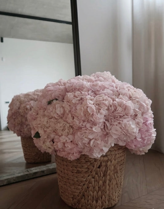 Basket with pink hydrangeas