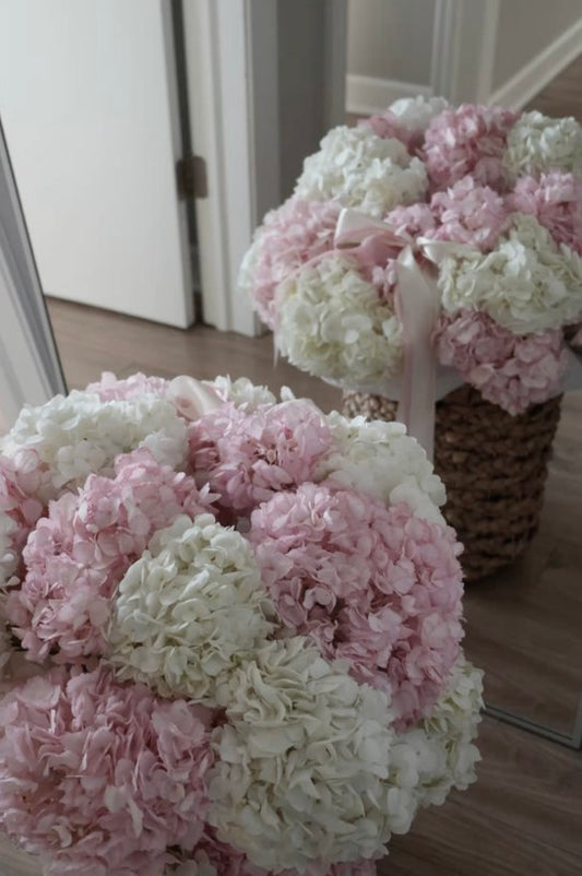 Basket with white and pink hydrangeas | Mother's Day Flower Bouquet