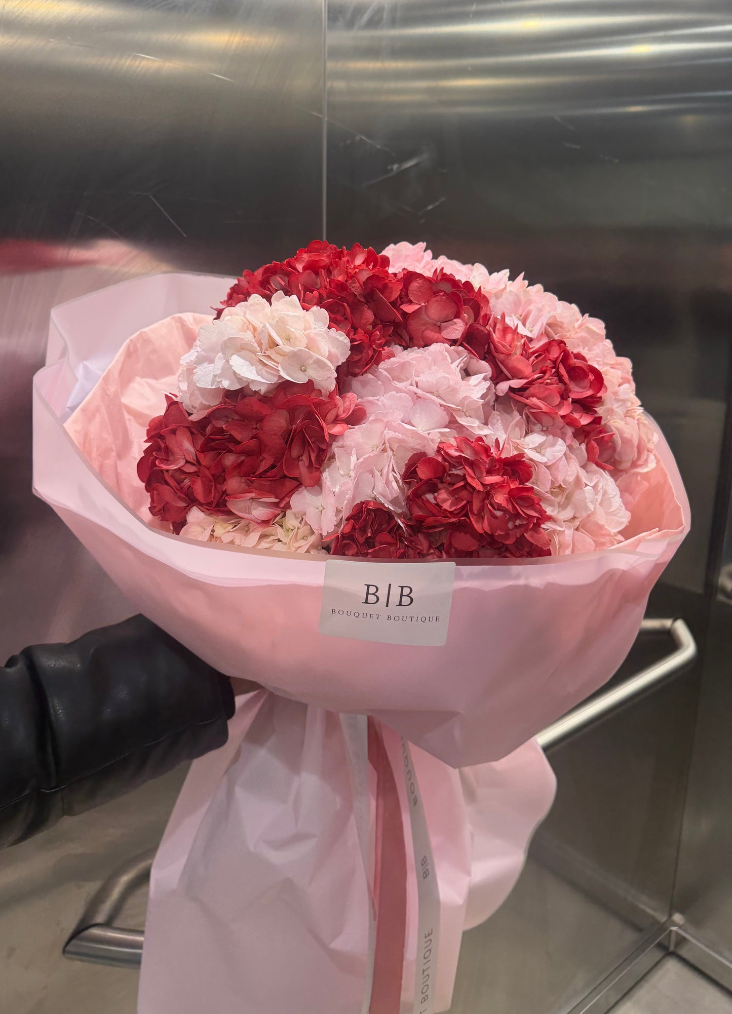 Bouquet of red and pink hydrangeas