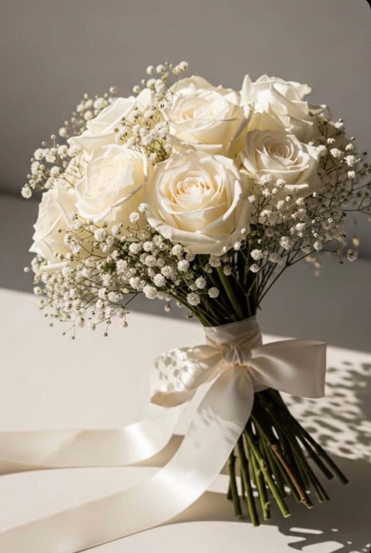 Romantic wedding bouquet with roses and baby’s breath flowers