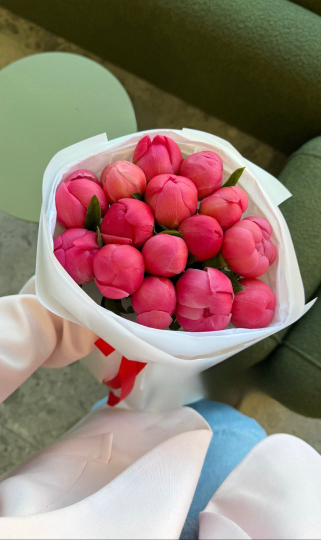 Coral peony bouquet with fresh seasonal flowers in Manchester 