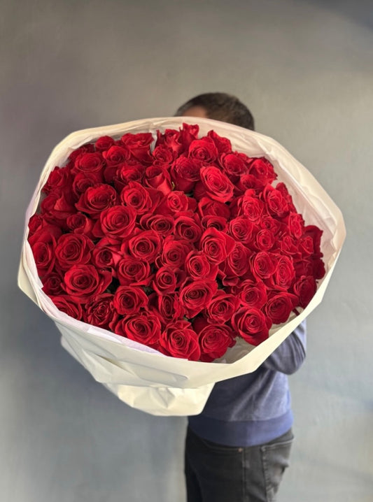 100 raspberry-red roses (raspberry hue)